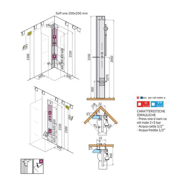 NOVELLINI colonna doccia Line 1 Nero opaco con fascia e mensola Argento - immagine 2